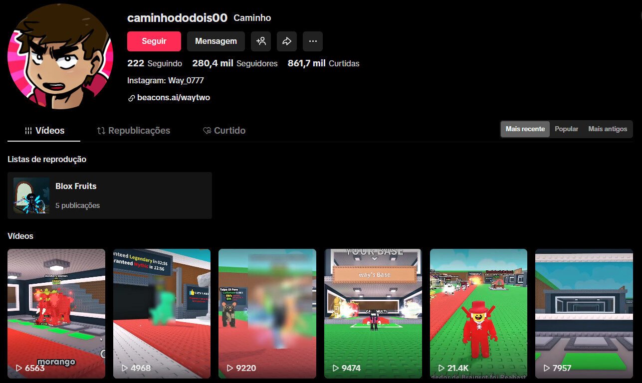 TikTok à venda – Conteúdo Gaming Roblox (Blox Fruits) | 280 mil seguidores