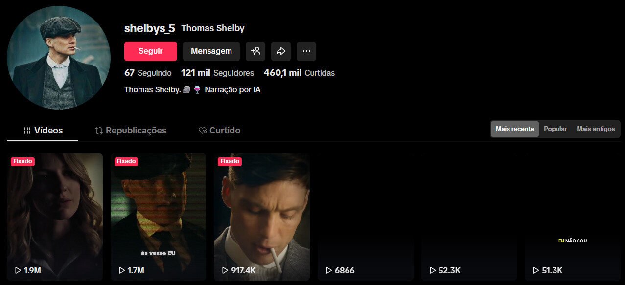 TikTok à venda – Edições e Frases Thomas Shelby | 121 mil seguidores