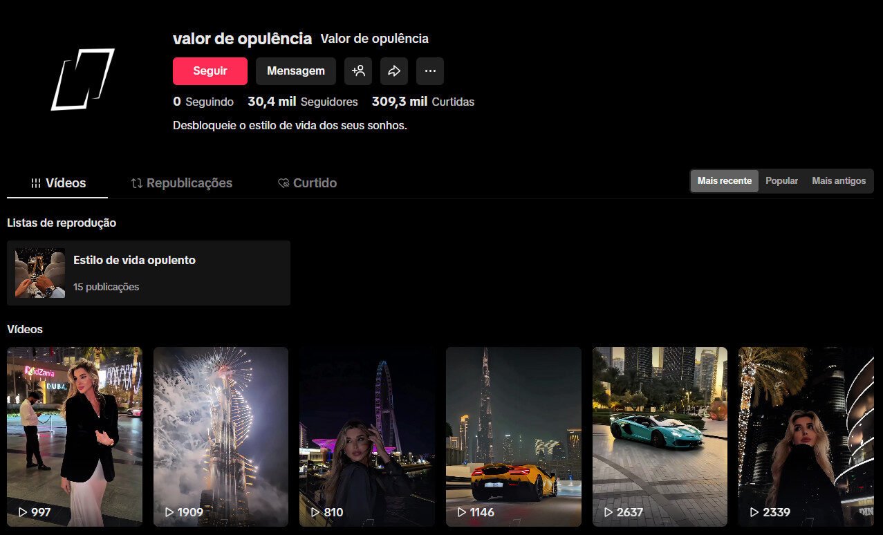TikTok à venda – Estilo de Vida de Luxo e Motivação | 30 mil seguidores