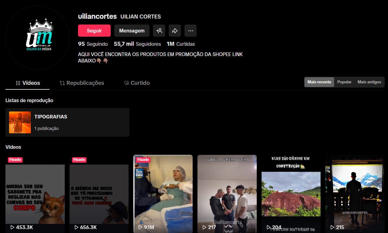 Perfil no TikTok à venda – Cortes Virais, Conteúdo de Mídia e Afiliados | 55 mil seguidores