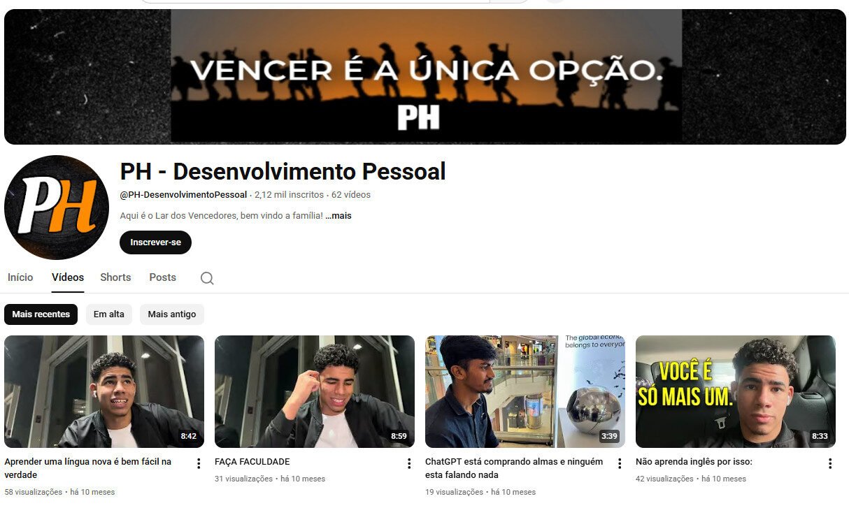 Canal no YouTube à Venda – PH – Desenvolvimento Pessoal 2 mil inscritos