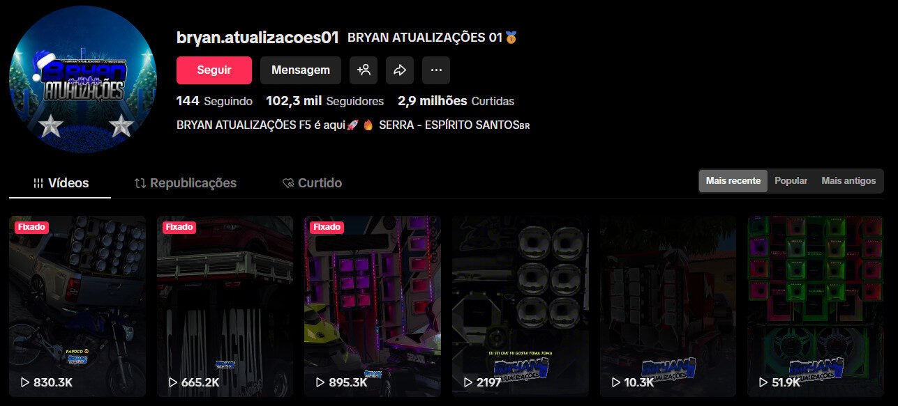 Perfil no TikTok à Venda – BRYAN ATUALIZAÇÕES 01 (102 Mil Seguidores)