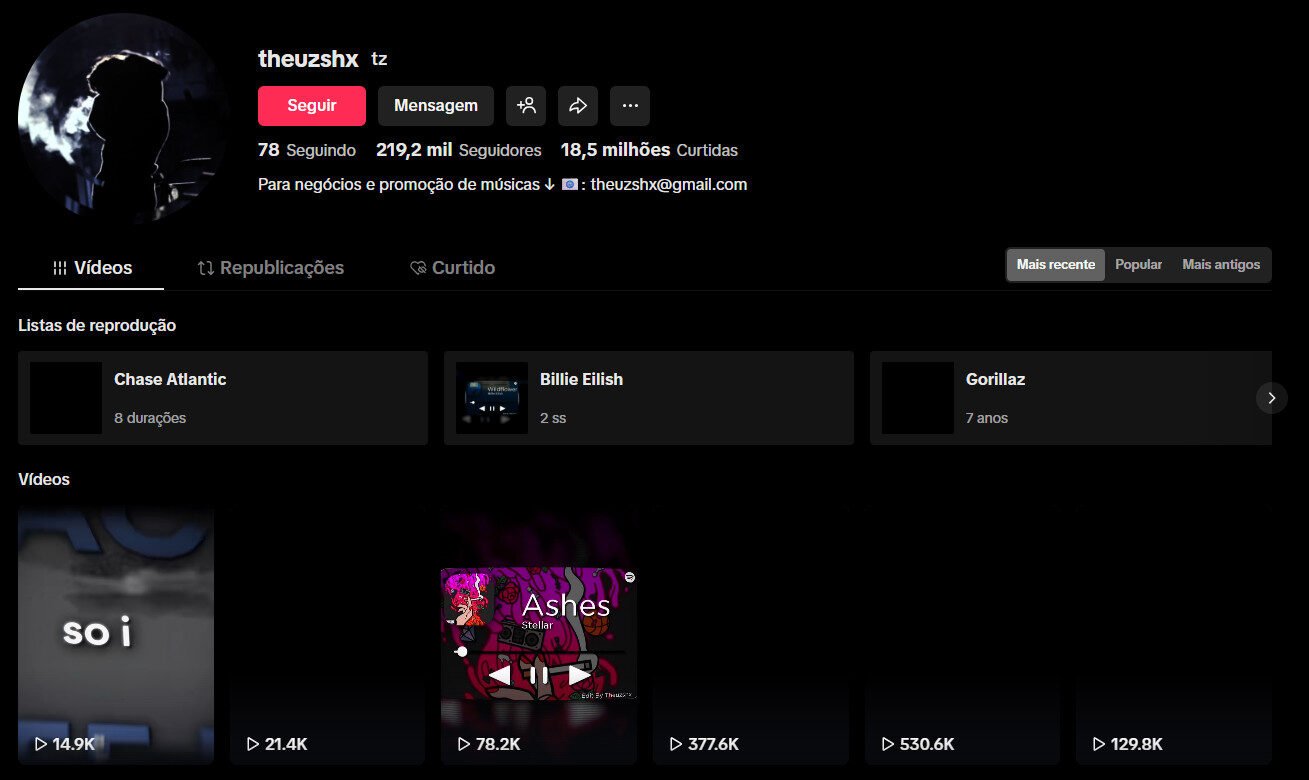 Perfil no TikTok à Venda – Músicas e edições – 219 Mil Seguidores