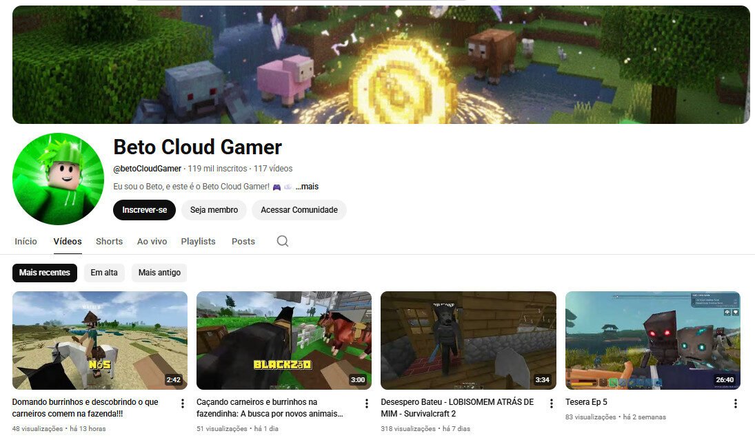 Canal no YouTube à Venda – Beto Cloud Gamer (119 Mil Inscritos)