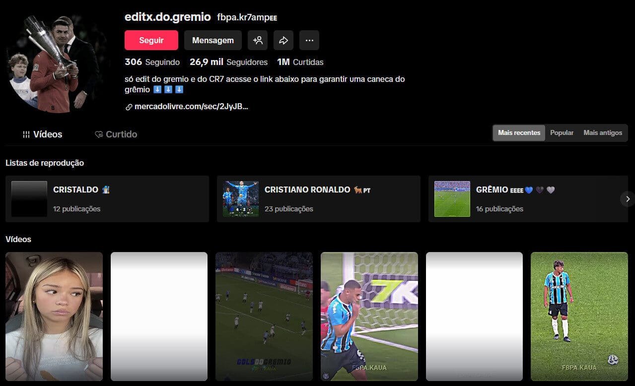 TikTok à Venda – Edits de Futebol e CR7 | 26 Mil Seguidores