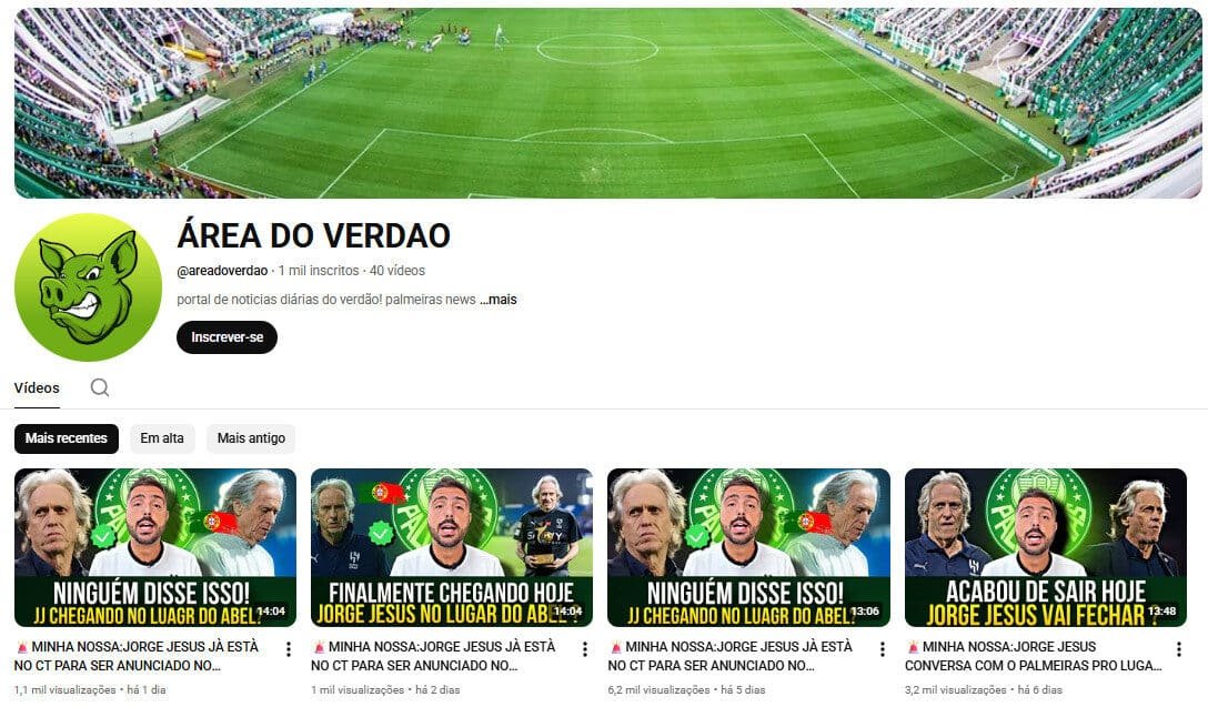 Canal no YouTube à Venda – Área do Verdão | Notícias do Palmeiras | 1 Mil Inscritos