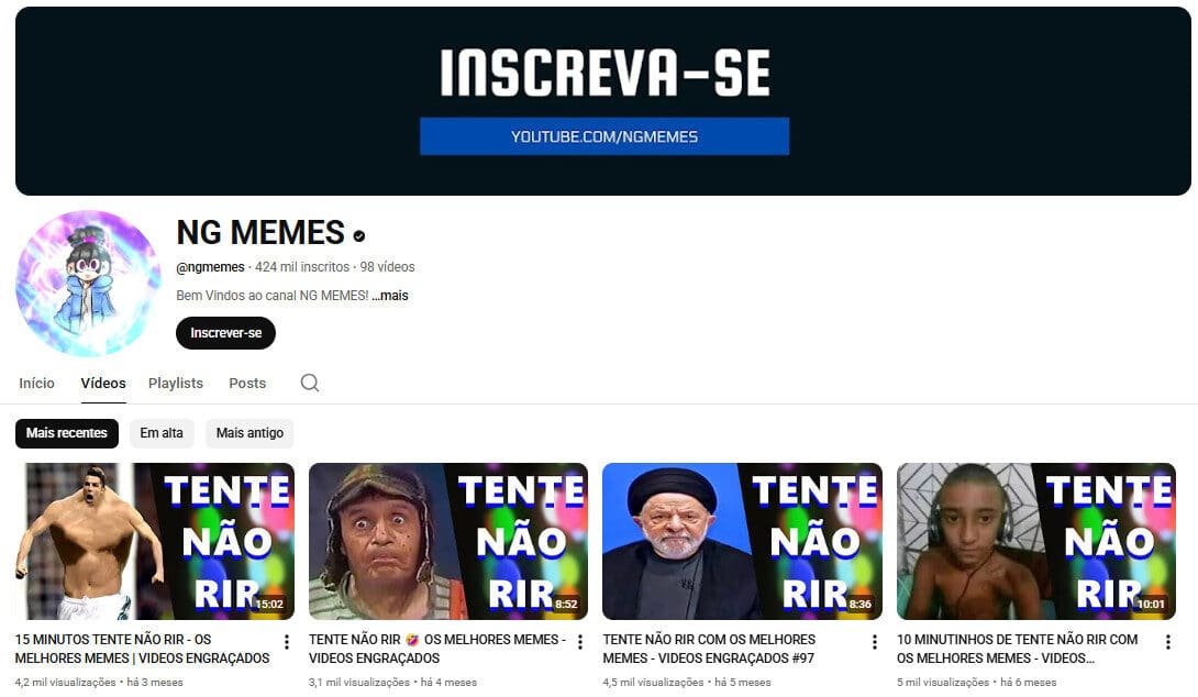 Canal no YouTube à Venda – NG MEMES | Humor e Compilação de Memes | 424 Mil Inscritos