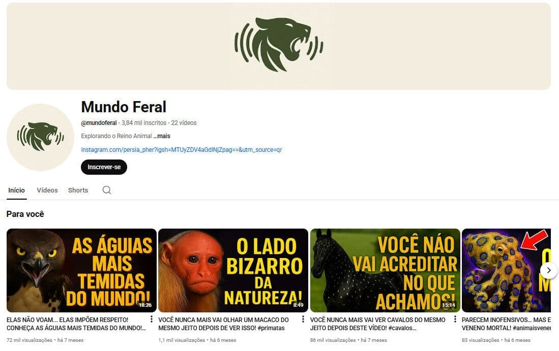 Canal no YouTube à Venda – Mundo Feral | Animais e Curiosidades da Natureza | 3 Mil Inscritos