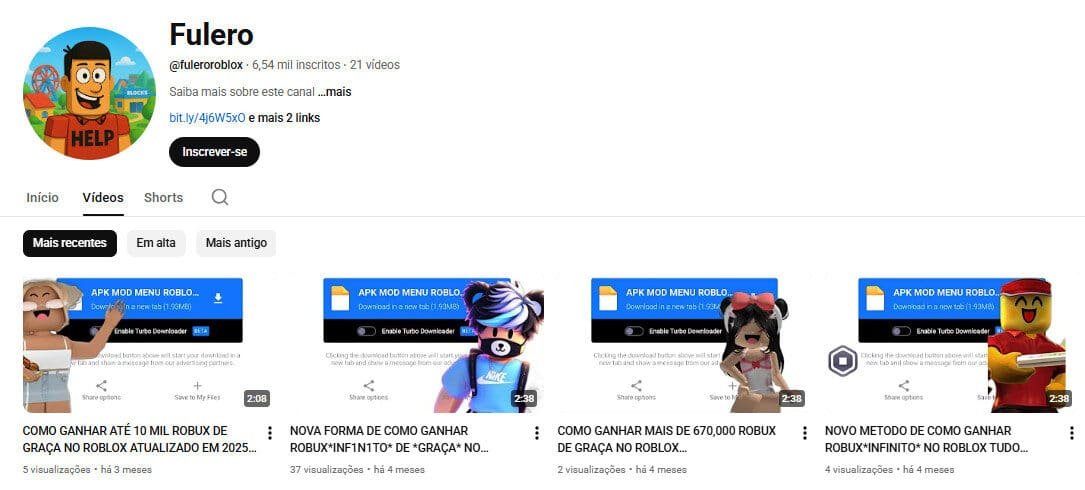 Canal no YouTube à Venda – Fuleroblox | Games e Robux (Não Monetizado) | 6 Mil Inscritos
