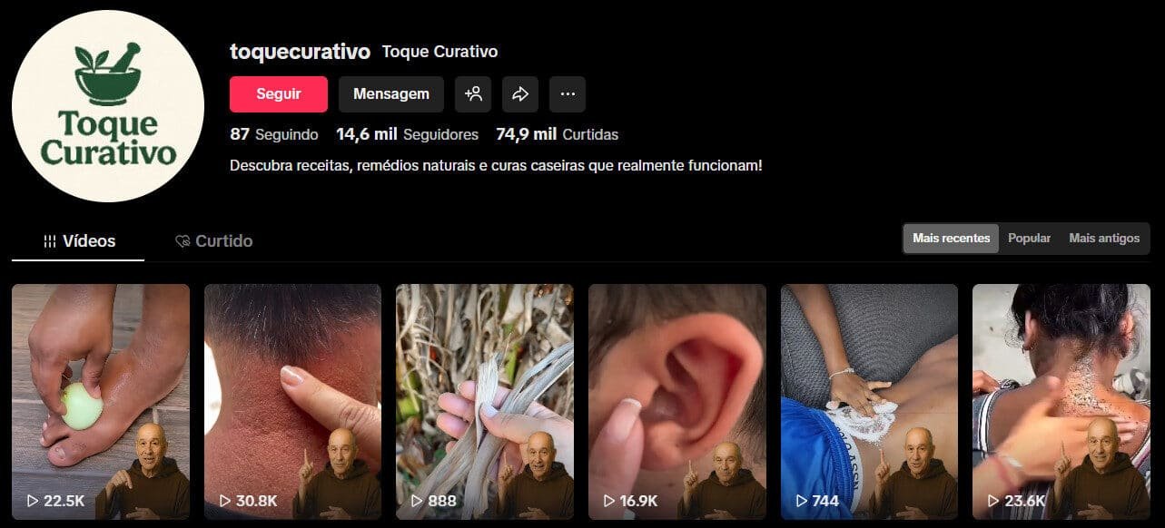 TikTok à Venda – Toque Curativo | Saúde, Remédios e Curas Caseiras | 14 Mil Seguidores