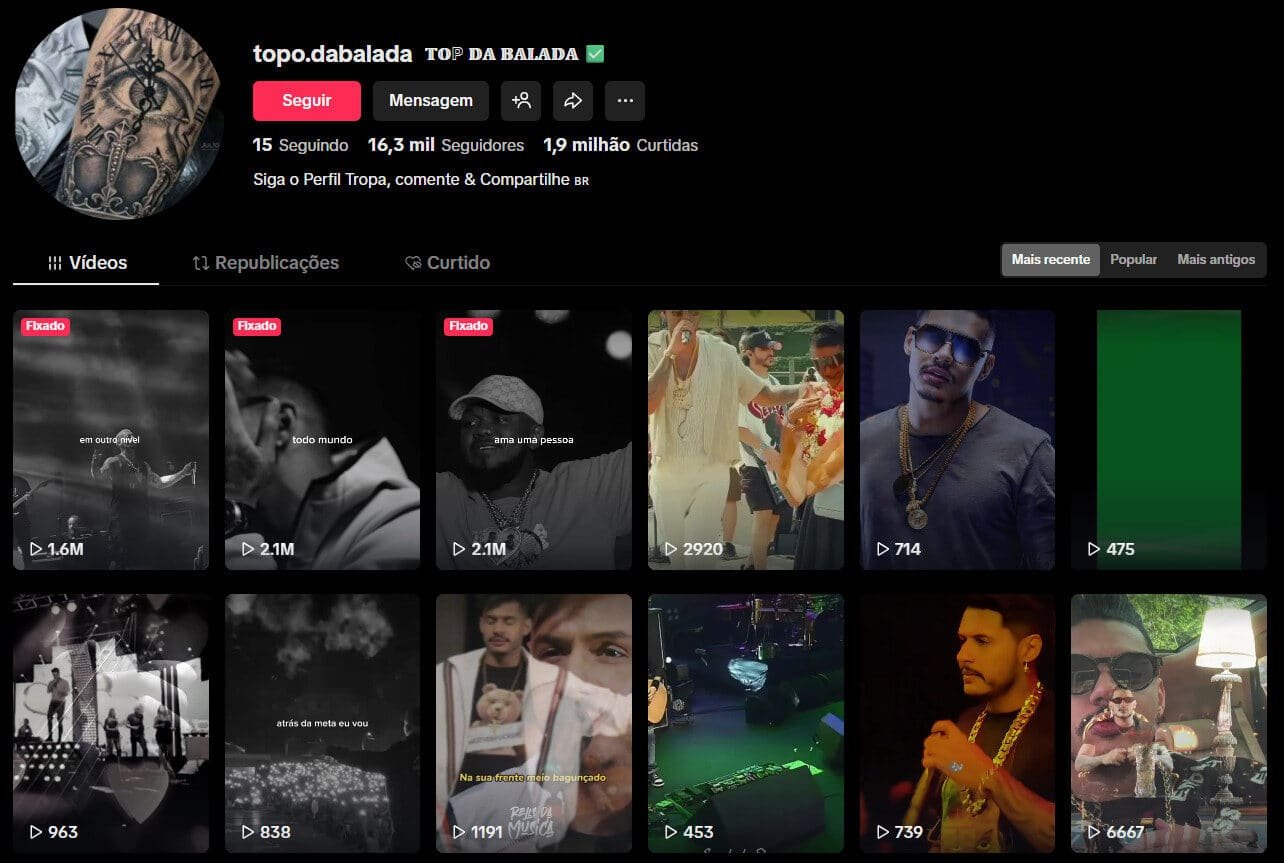 TikTok à Venda – topo.dabalada | Música, Funk e Edits (TOP DA BALADA) | 16 Mil Seguidores