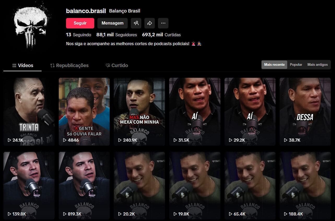 TikTok à venda – Cortes de Podcasts Policiais | 88 mil seguidores