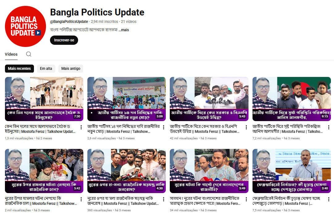 Canal no YouTube à venda – Política e Atualidades de Bangladesh (2 mil inscritos)