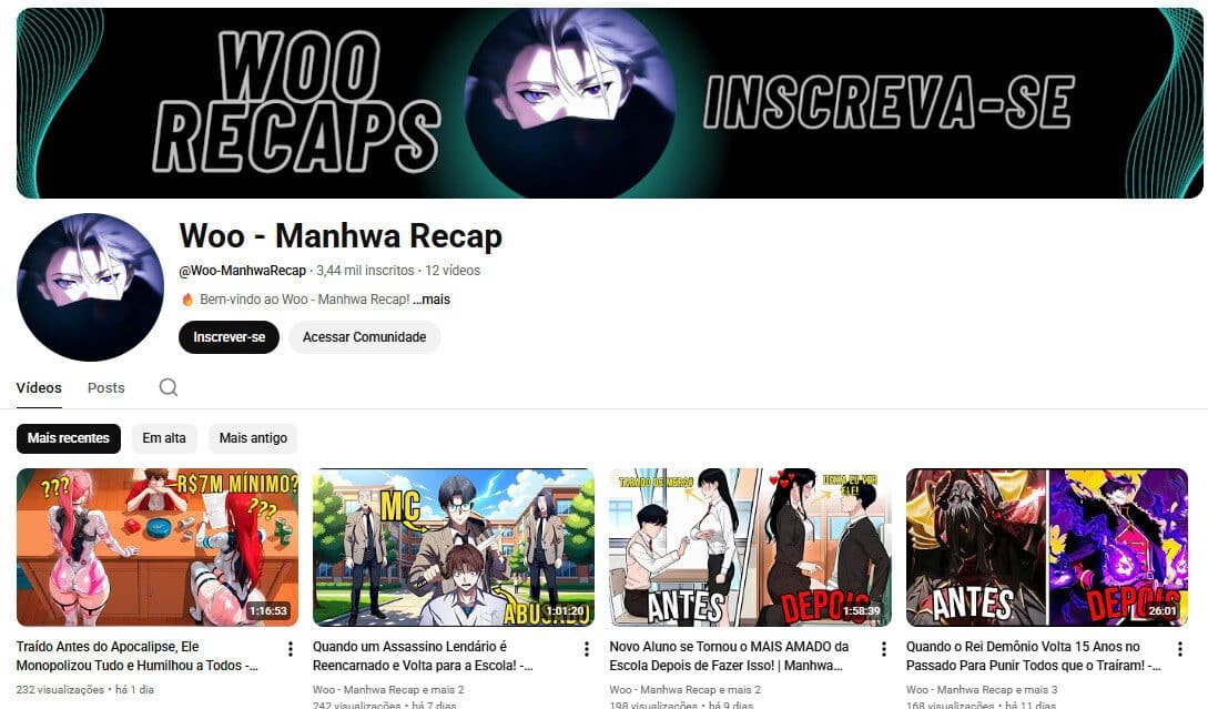 Canal no YouTube à venda – Resumos e Recaps de Manhwas (3 mil inscritos)