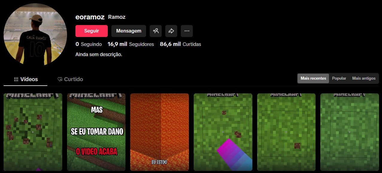 Conta no TikTok à venda – Minecraft Shorts e Gameplays (16 mil seguidores)