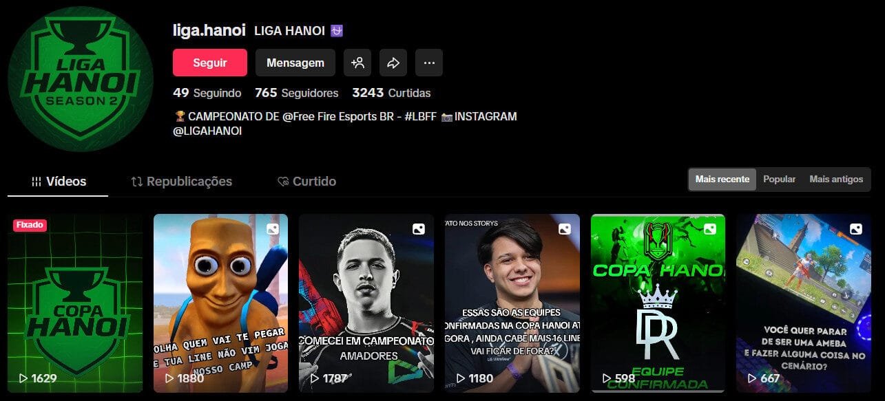 Conta no TikTok à venda – Free Fire e Campeonatos E-Sports (765 seguidores)
