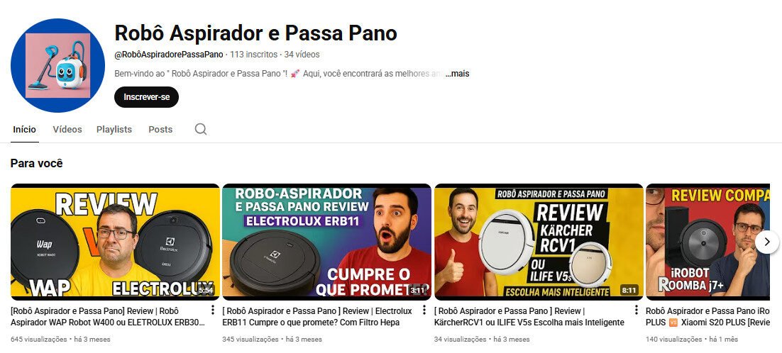 Canal no YouTube à venda – Reviews de Robô Aspirador e Passa Pano – 113 inscritos