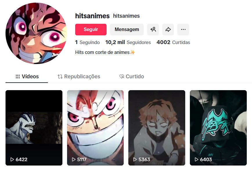 Conta no TikTok à venda – Cortes de Anime e Música (10 mil seguidores)