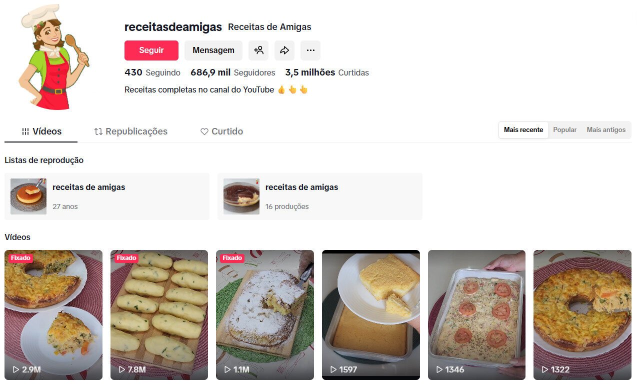 Conta no TikTok à venda – Receitas de Amigas (686 mil seguidores)