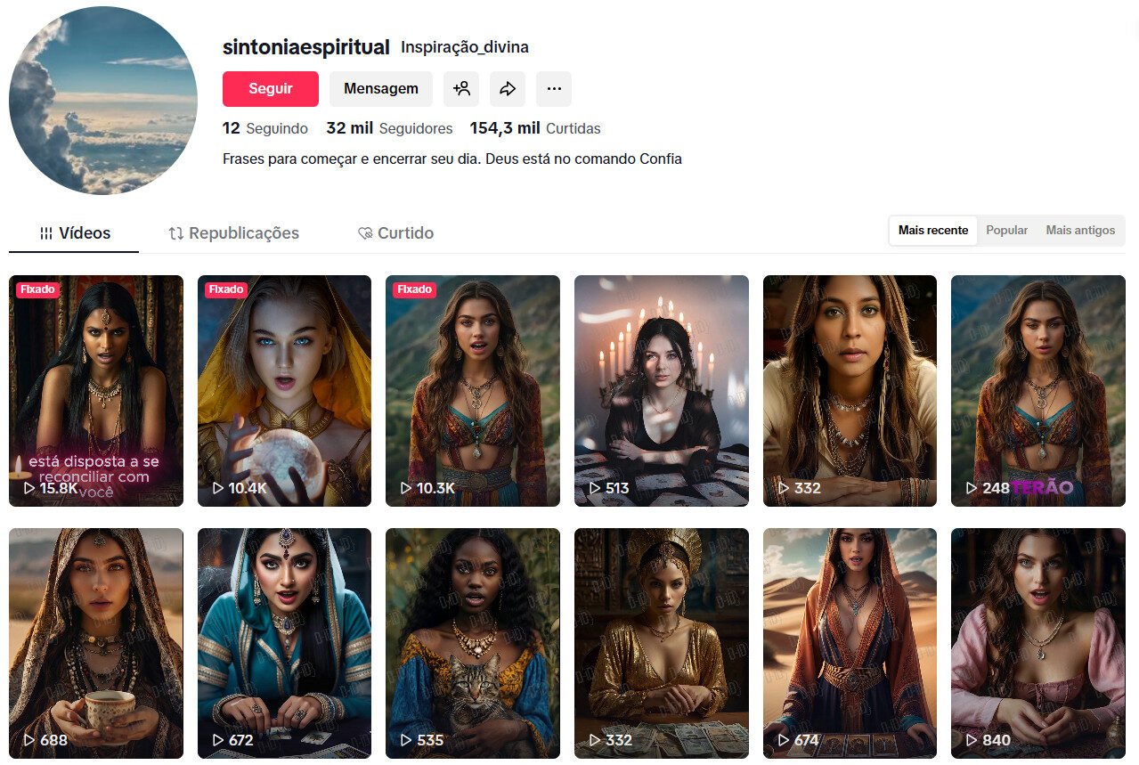 Conta no TikTok à venda – Espiritualidade e Imagens Místicas com IA (32 mil seguidores)