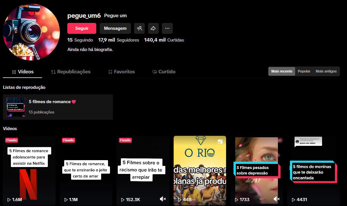Conta no TikTok à venda – Filmes, Romance e Dicas Netflix (17 mil seguidores)