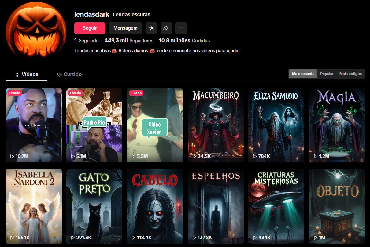 Conta no TikTok à venda – Terror, Lendas e Mistérios – 449 mil seguidores