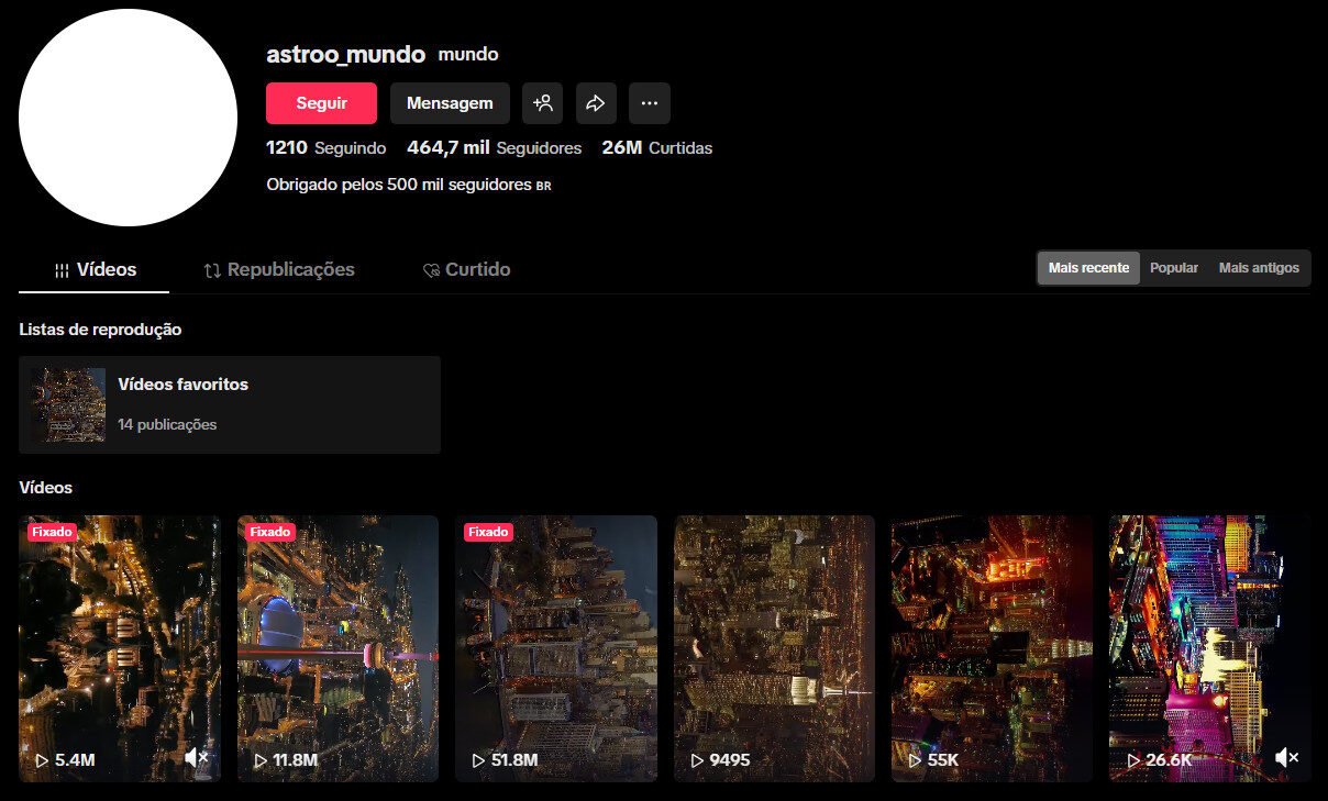 Conta no TikTok à venda – Curiosidades, Cidades e Imagens Aéreas – 464 mil seguidores