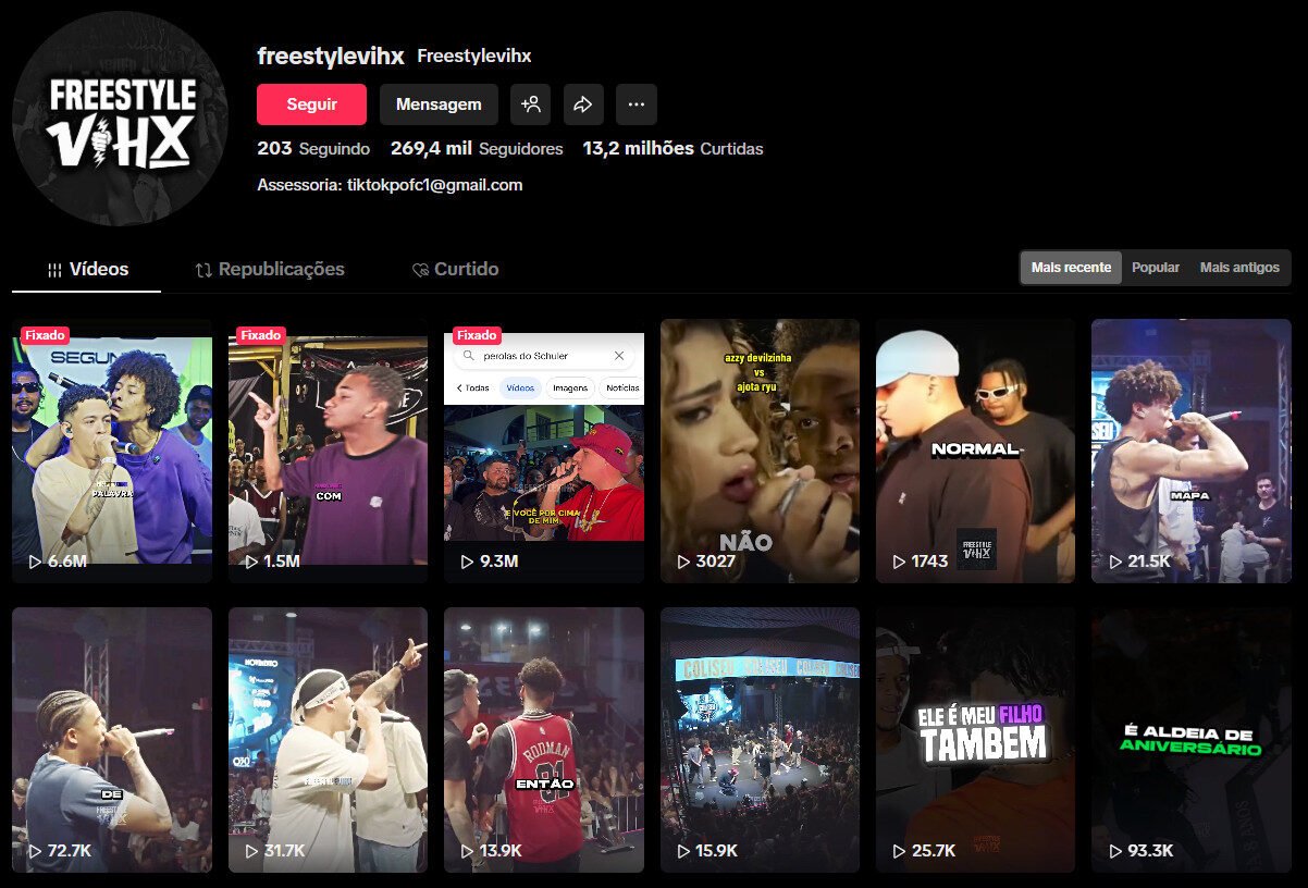 Vendo conta TikTok– Batalhas de Rima e Cultura Freestyle – 269 mil seguidores