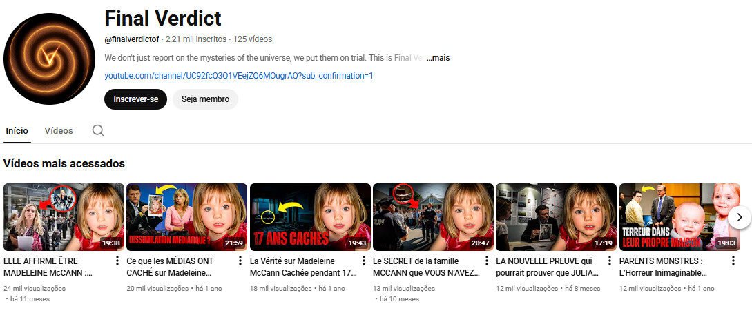 Canal no YouTube à venda – Mistérios, Investigação e True Crime – 2 mil inscritos