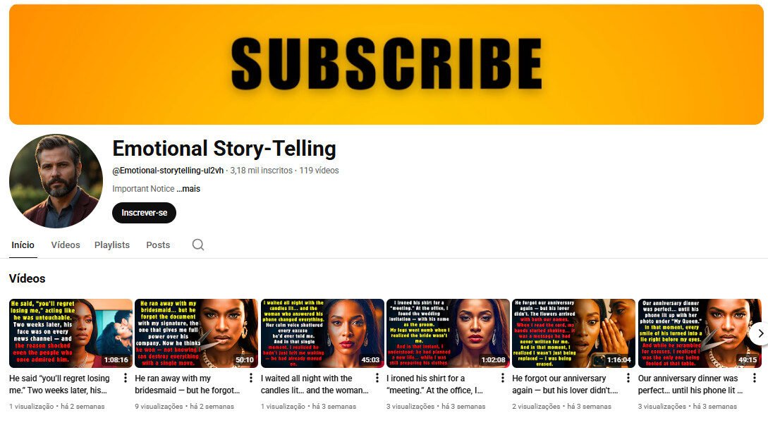 Canal YouTube à venda – Histórias Emocionais e Drama (3 mil inscritos)