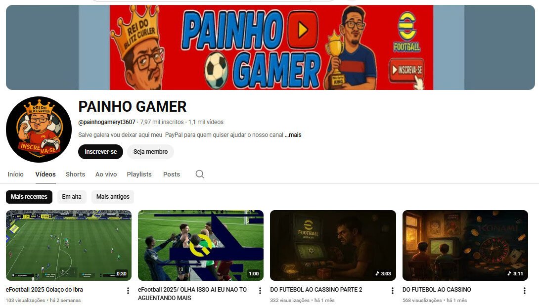 Canal YouTube à venda – Games e eFootball (7 mil inscritos)