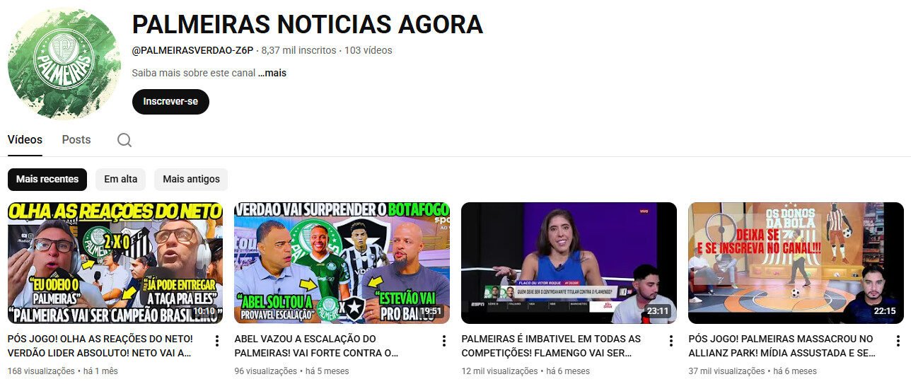 Canal YouTube à venda – Notícias do Palmeiras e Futebol (8 mil inscritos)