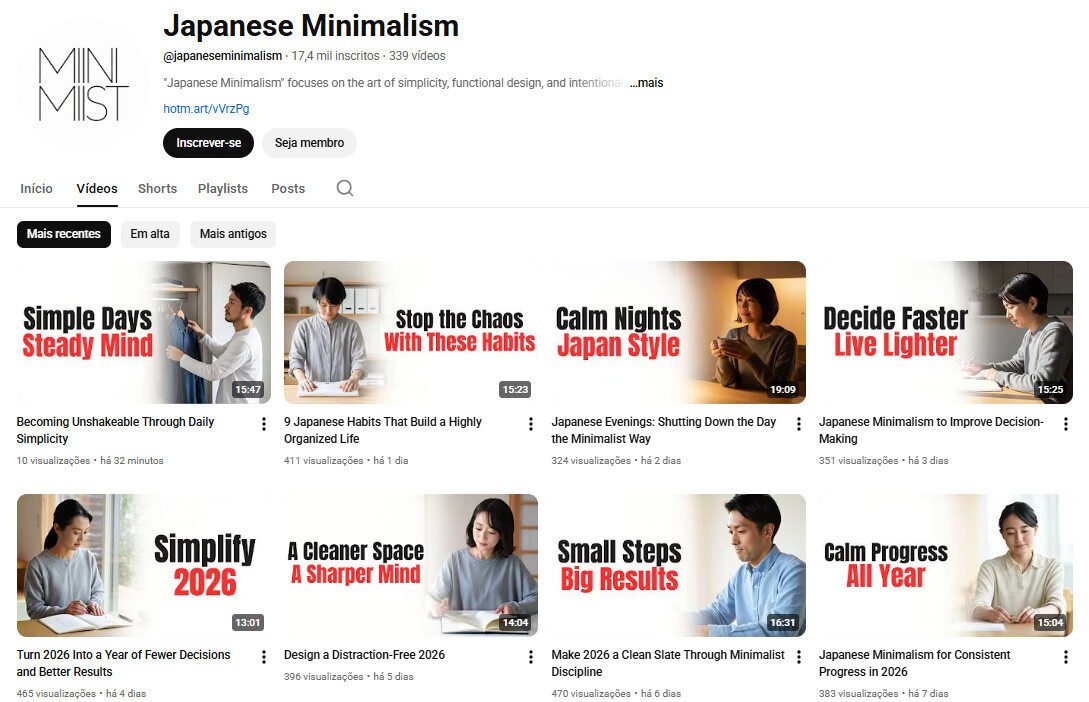 Canal YouTube à venda – Minimalismo e Estilo de Vida Japonês – 17 mil inscritos