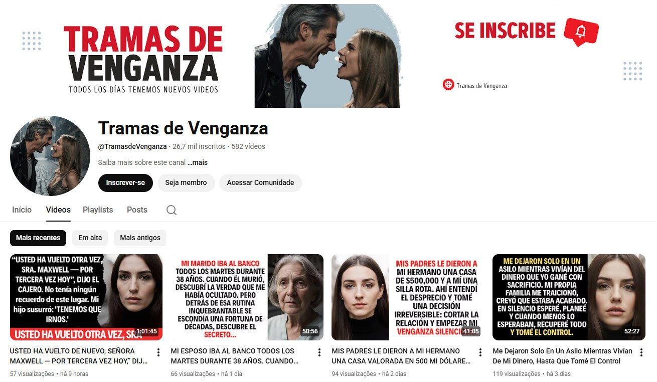 Canal YouTube à venda – Dramas e Histórias de Vingança – 26 mil inscritos