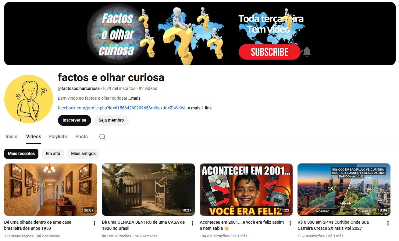 Canal YouTube à venda – Curiosidades, História e Estilo de Vida (8 mil inscritos)