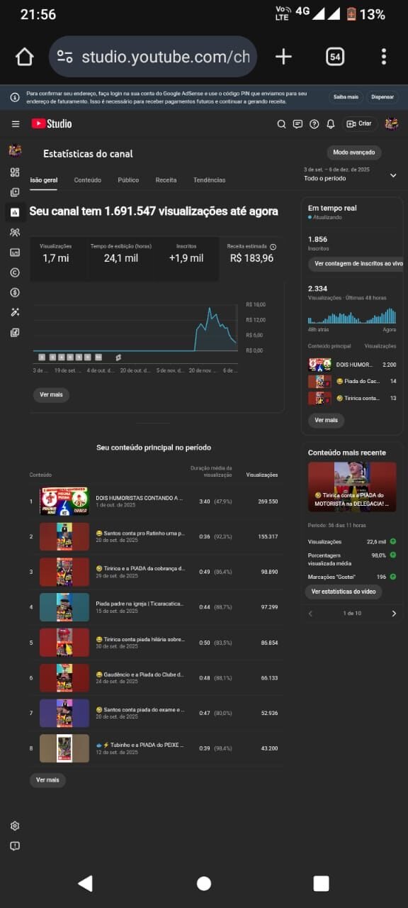 VENDE SE CANAL YOUTUBE MONETIZADO – NICHO HUMOR-1857 INSCRITOS REAIS