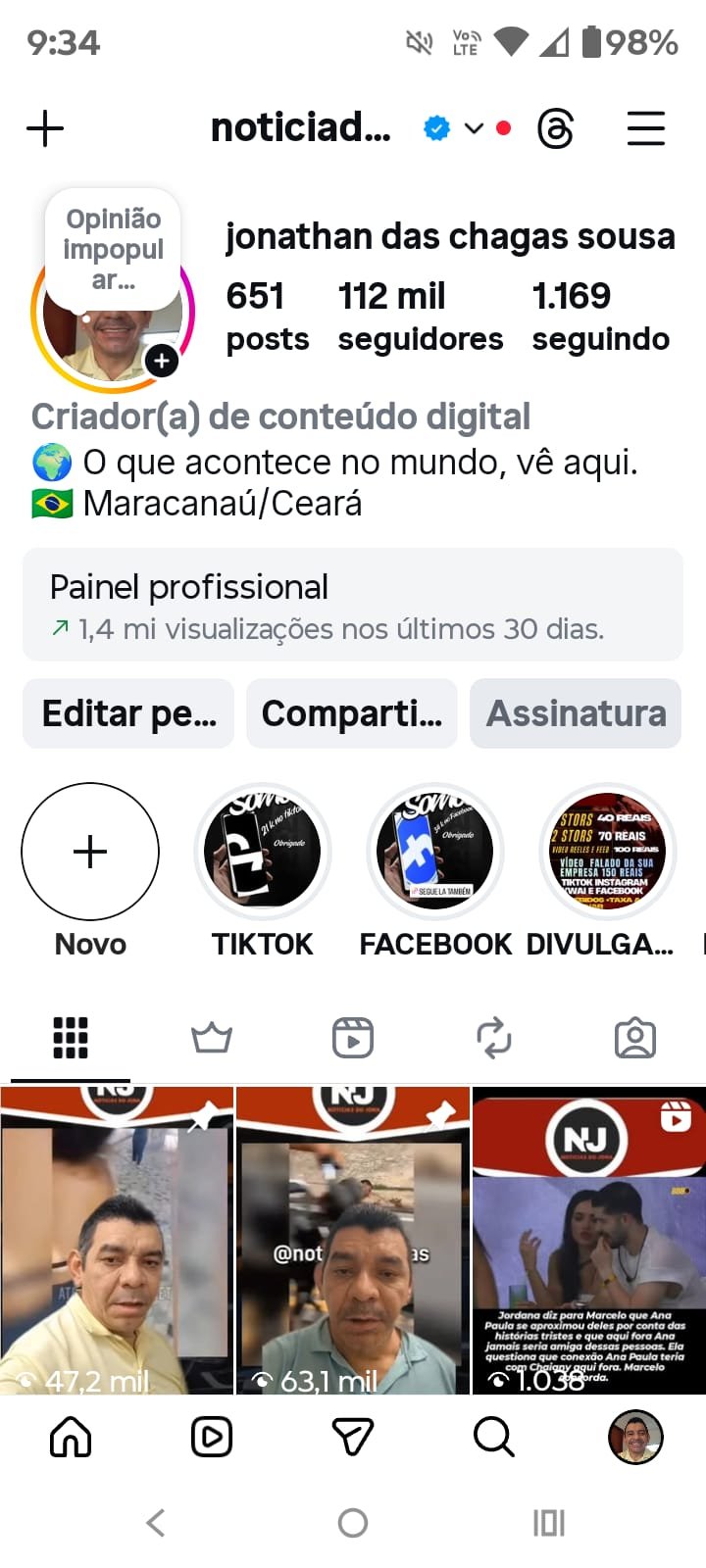 Instagram barato total de 95 k de seguidores Nincho de notícia e realitys