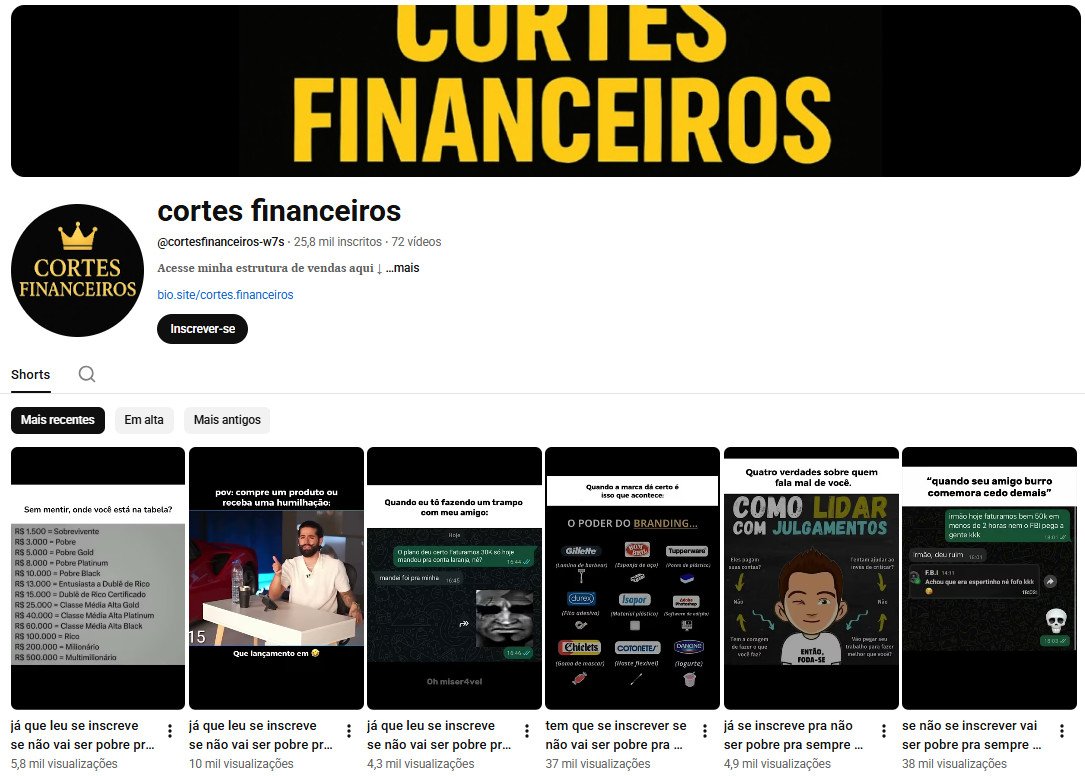 Canal YouTube à venda – cortes financeiros – não monetizado (25,8 mil inscritos)