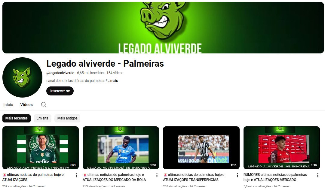 Canal YouTube à venda – legado aliverde – palmeiras – não monetizado (6 mil inscritos)