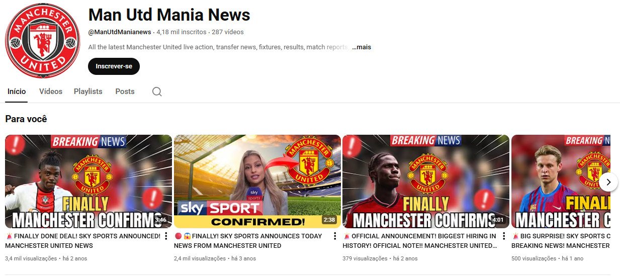 YouTube à Venda (não monetizado) – 4 mil inscritos – Notícias Manchester United
