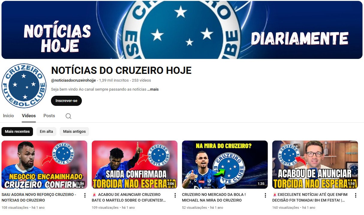 YouTube à Venda (não monetizado) – 1 mil inscritos – Notícias do Cruzeiro