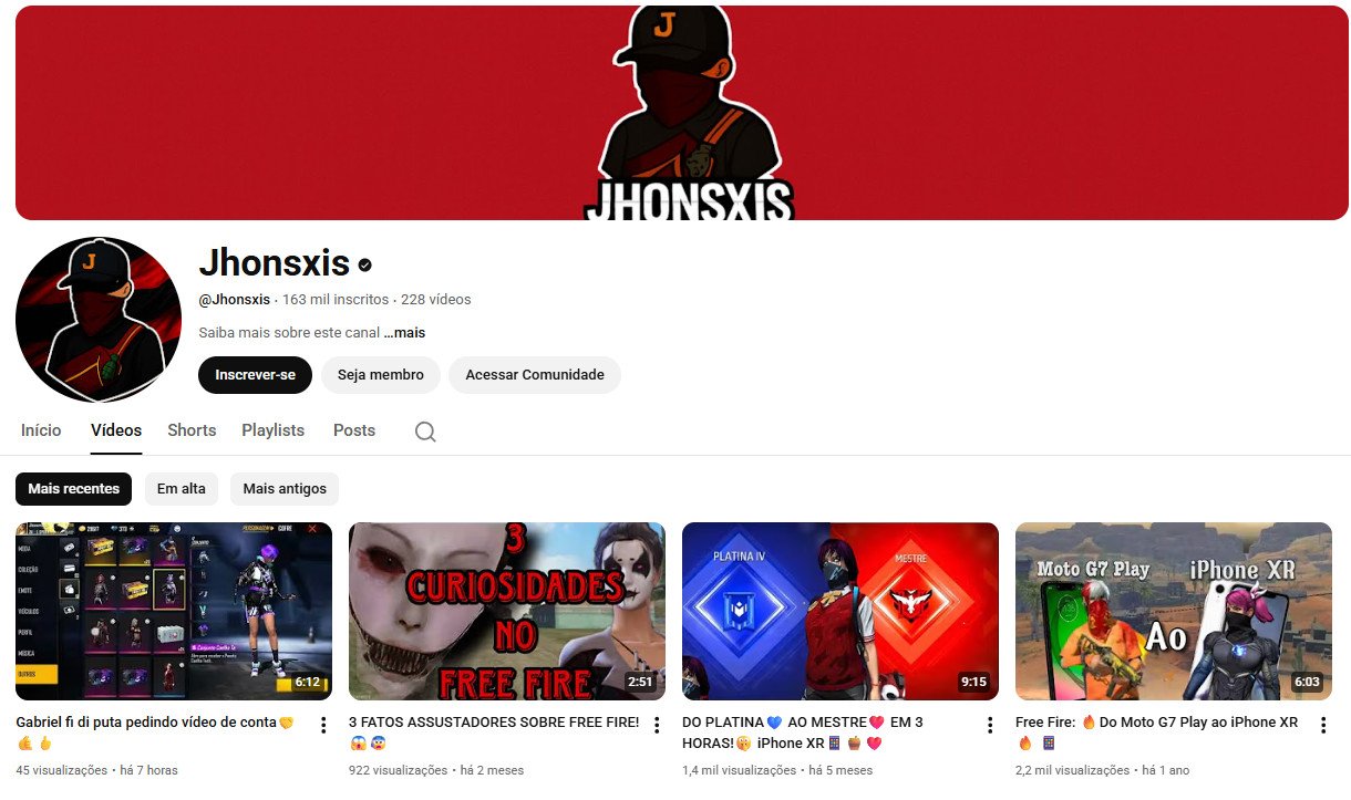 YouTube à Venda (não monetizado) – 163 mil inscritos – Games e Free Fire