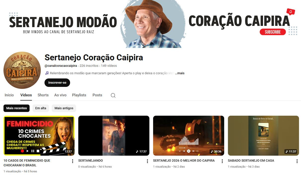 YouTube à Venda (não monetizado) – 226 inscritos – Sertanejo Raiz e Modão