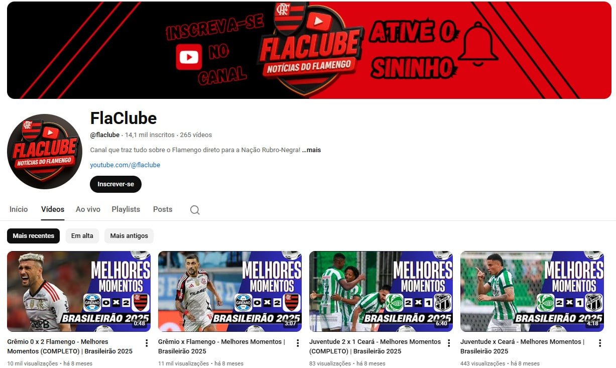 YouTube à Venda – 14 mil inscritos – Notícias e Melhores Momentos do Flamengo