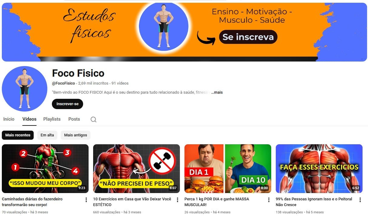 YouTube à Venda – 2 mil inscritos – Saúde, Fitness e Musculação (não monetizado) 🏋️‍♂️🥗
