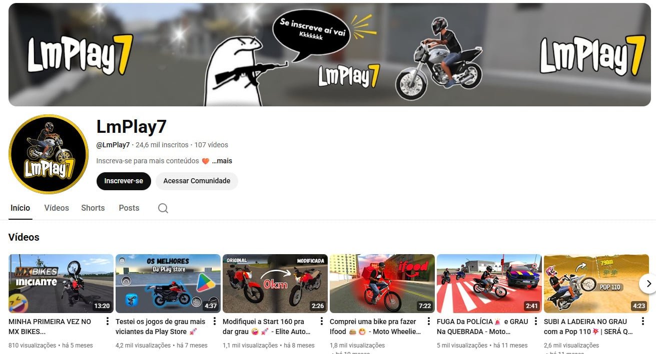 YouTube à Venda – 24 mil inscritos – Games de Moto e Grau (não monetizado)