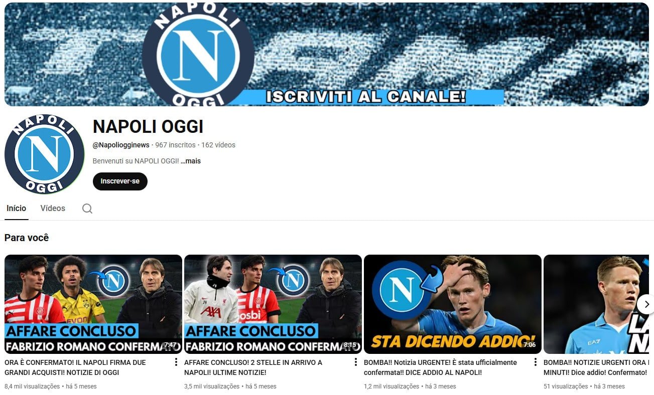 YouTube à Venda – 967 inscritos – Notícias do Napoli e Futebol Italiano