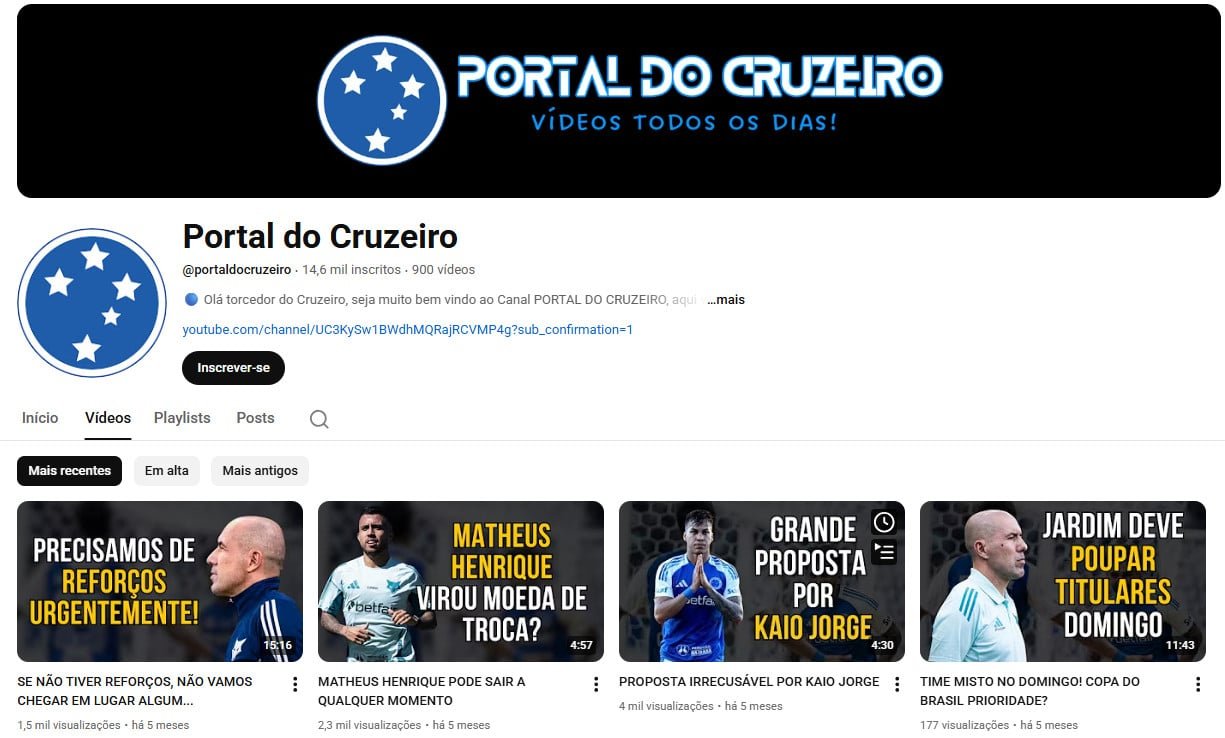 YouTube à Venda – 14 mil inscritos – Notícias do Cruzeiro e Futebol