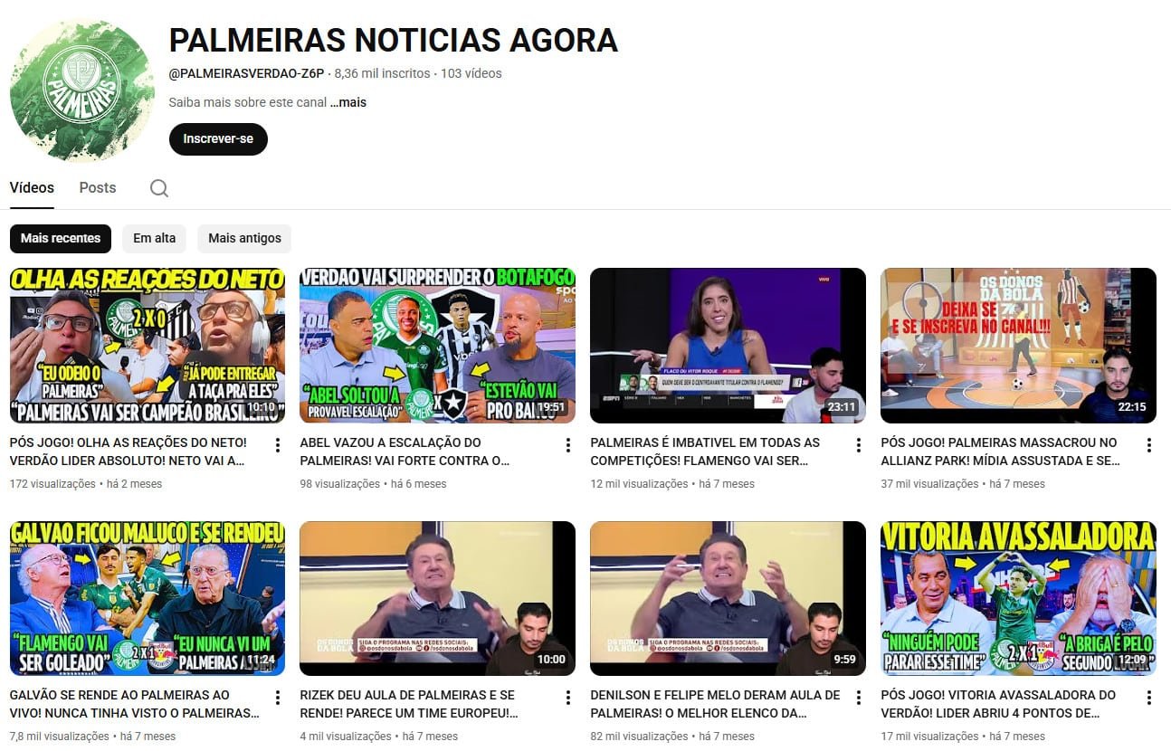 YouTube à Venda – 8 mil inscritos – Notícias e Bastidores do Palmeiras