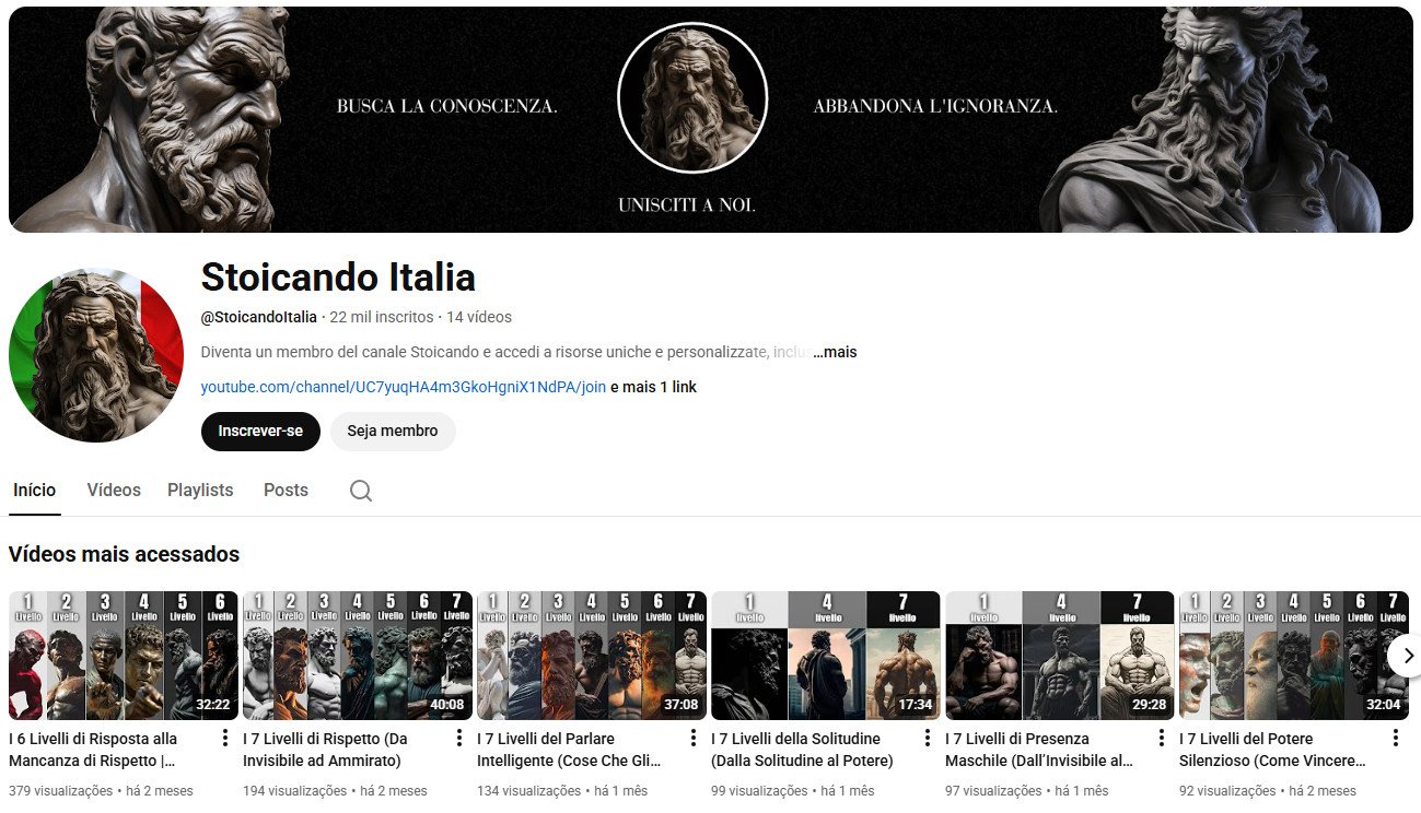 YouTube à Venda – 22 mil inscritos – Estoicismo e Sabedoria Italiana